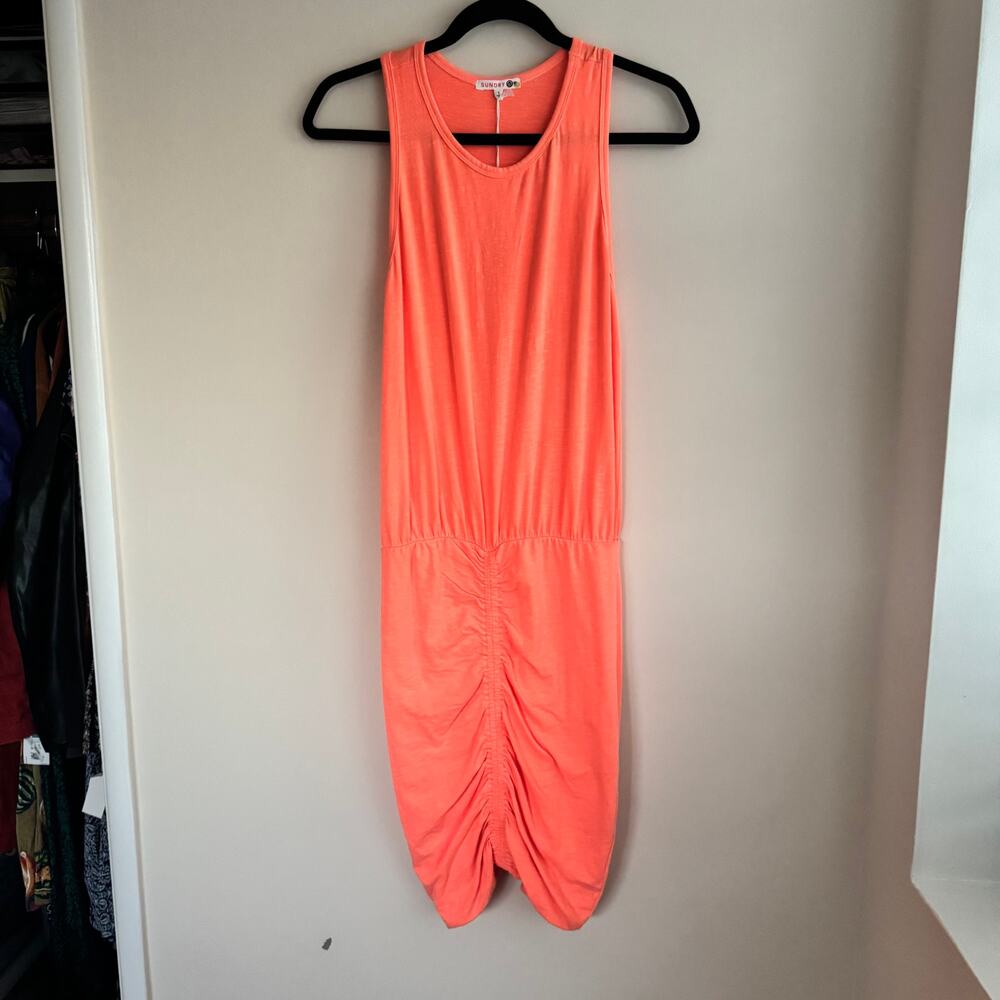 New Sundry Ruched Racerback Mini Dress Neon Orange Pullover Sleeveless Sz 1/S
